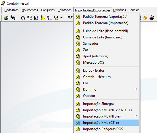 Menu Importações/Exportações com opção "Importação XML (CT-e)" selecionada