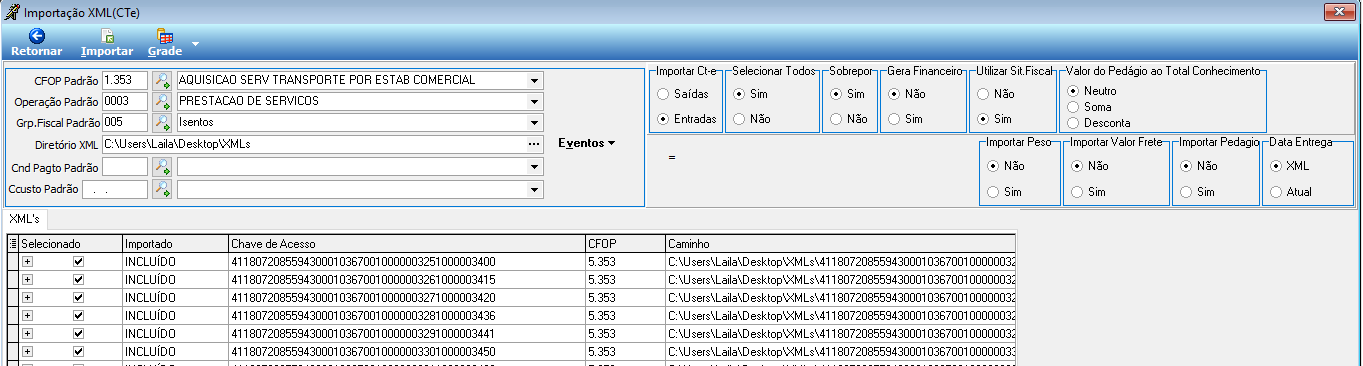 Tela Importação XML(CTe) com campos CFOP Padrão "1.353 - AQUISICAO SERV TRANSPORTE POR ESTAB COMERCIAL", Operação Padrão "0003 - PRESTACAO DE SERVICOS", grupo "Importar CT-e" com opção Entradas marcada, e grade XML's exibindo chaves de acesso com status "INCLUÍDO"