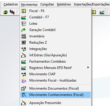 Menu Movimentos com opção "Movimento Conhecimentos (Fiscal)" destacada, abaixo de "Movimento Fiscal - Inutilizadas"