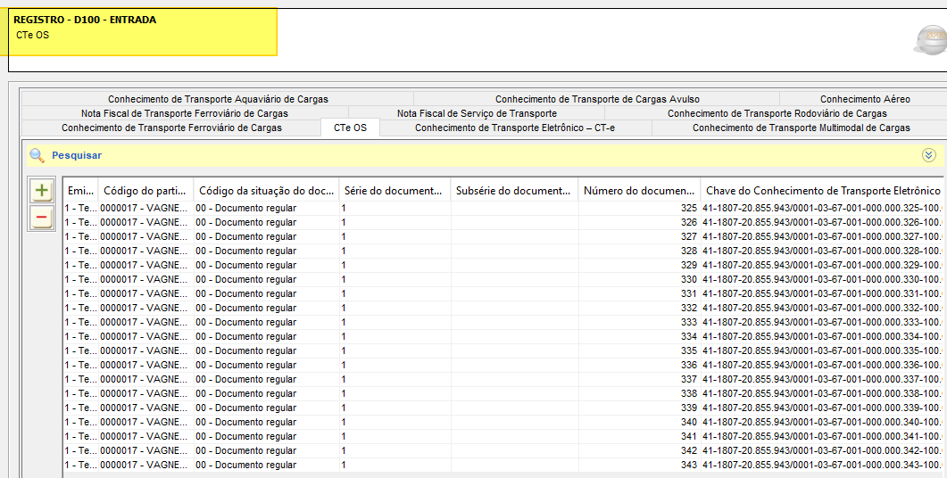 Tela PVA exibindo "REGISTRO D100 - ENTRADA / CT-e OS", com aba "CT-e OS" ativa e grade listando documentos com colunas Emitente, Código do participante, Código da situação, Série, Subsérie, Número do documento e Chave do Conhecimento de Transporte Eletrônico
