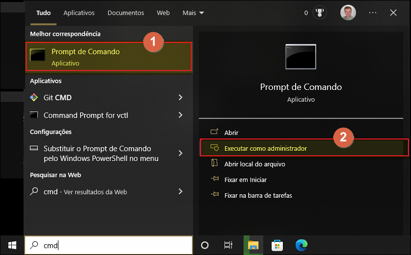 Pesquisa de "cmd" no menu Iniciar com a opção "Executar como administrador" destacada