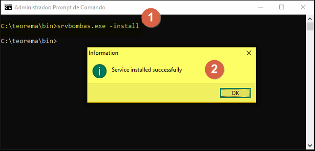 Prompt de Comando com o comando srvbombas.exe -install executado e caixa de diálogo "Service installed successfully" com botão OK