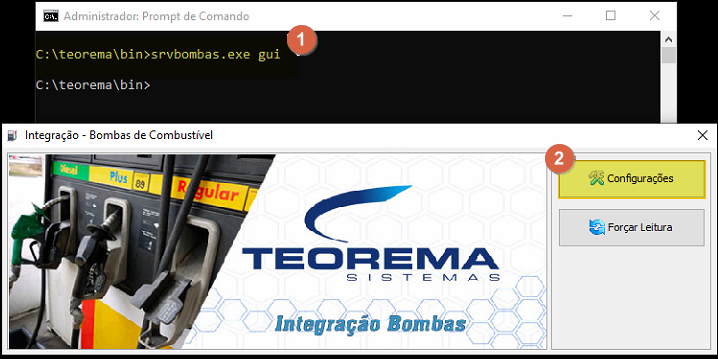 Prompt de Comando com o comando srvbombas.exe gui e, em seguida, a janela "Integração – Bombas de Combustível" com os botões Configurações e Forçar Leitura