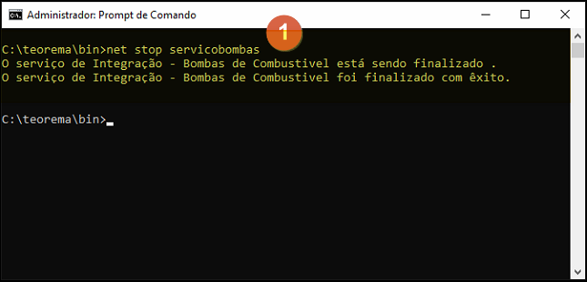 Prompt de Comando exibindo: "O serviço de Integração – Bombas de Combustível está sendo finalizado." seguido de "O serviço de Integração – Bombas de Combustível foi finalizado com êxito."