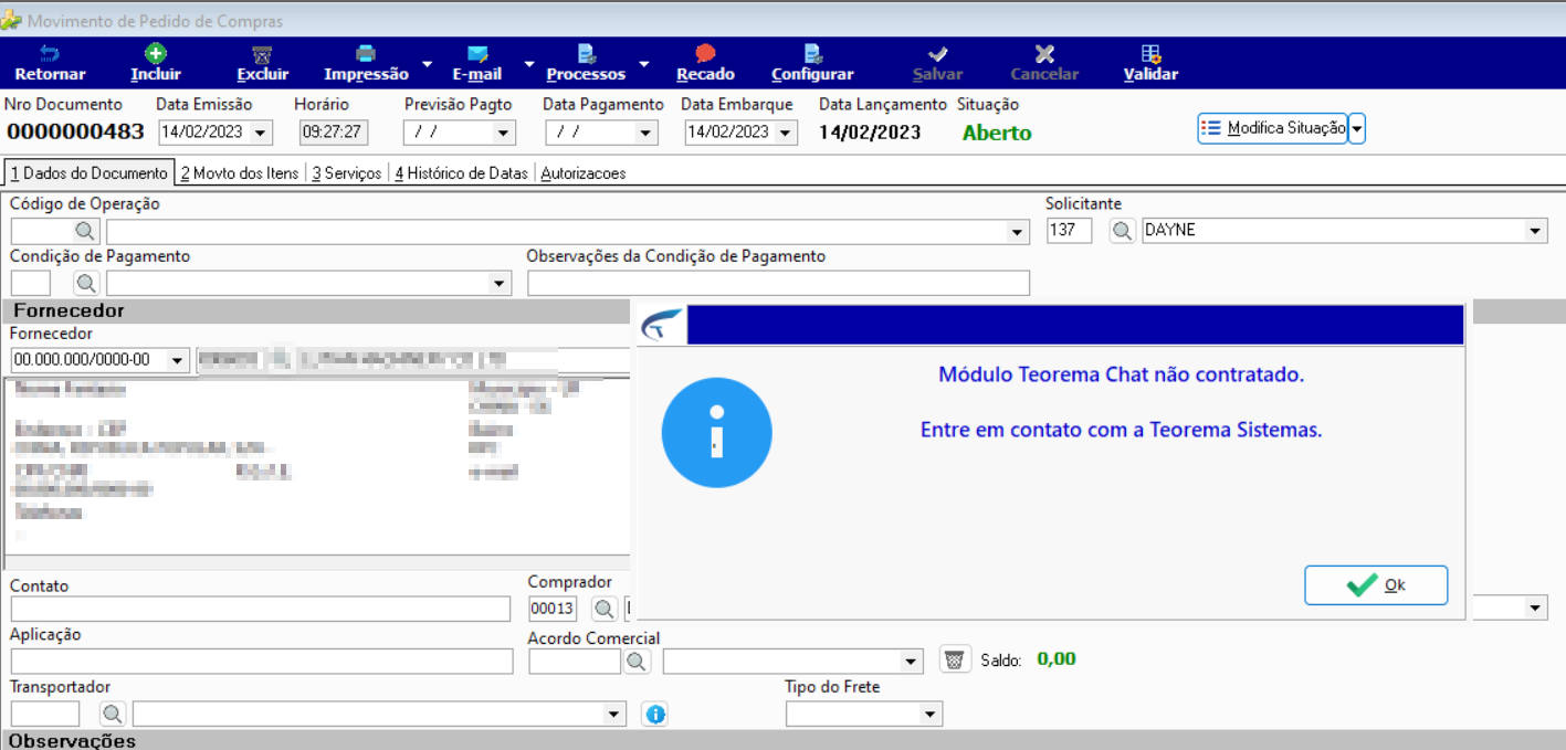 Tela Movimento de Pedido de Compras com pop-up de aviso exibindo a mensagem Módulo Teorema Chat não contratado. Entre em contato com a Teorema Sistemas., com botão Ok