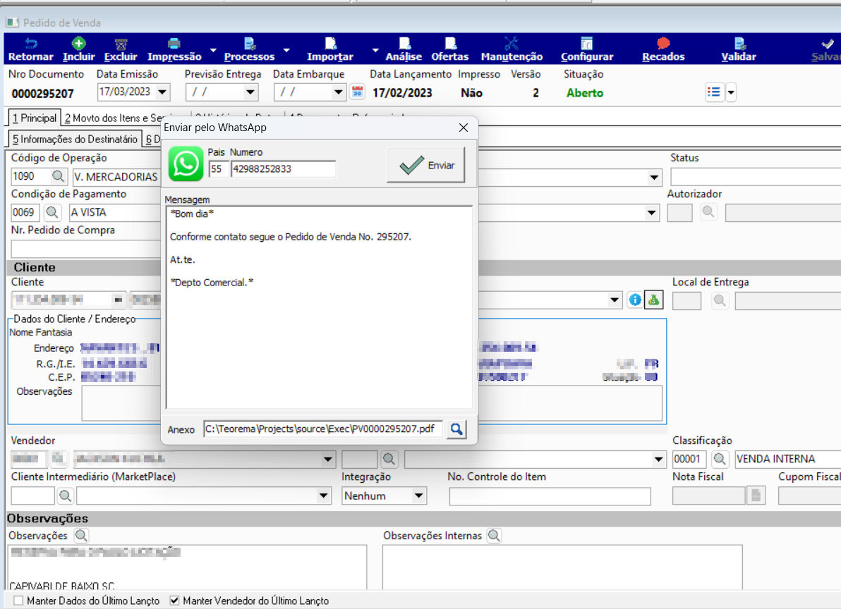 Tela de envio WhatsApp com campo de texto livre para digitar a mensagem e botão Enviar