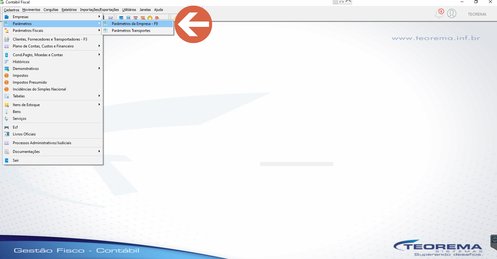 Menu Cadastros expandido com submenu Parâmetros e opção Parâmetros da Empresa – F9 destacada