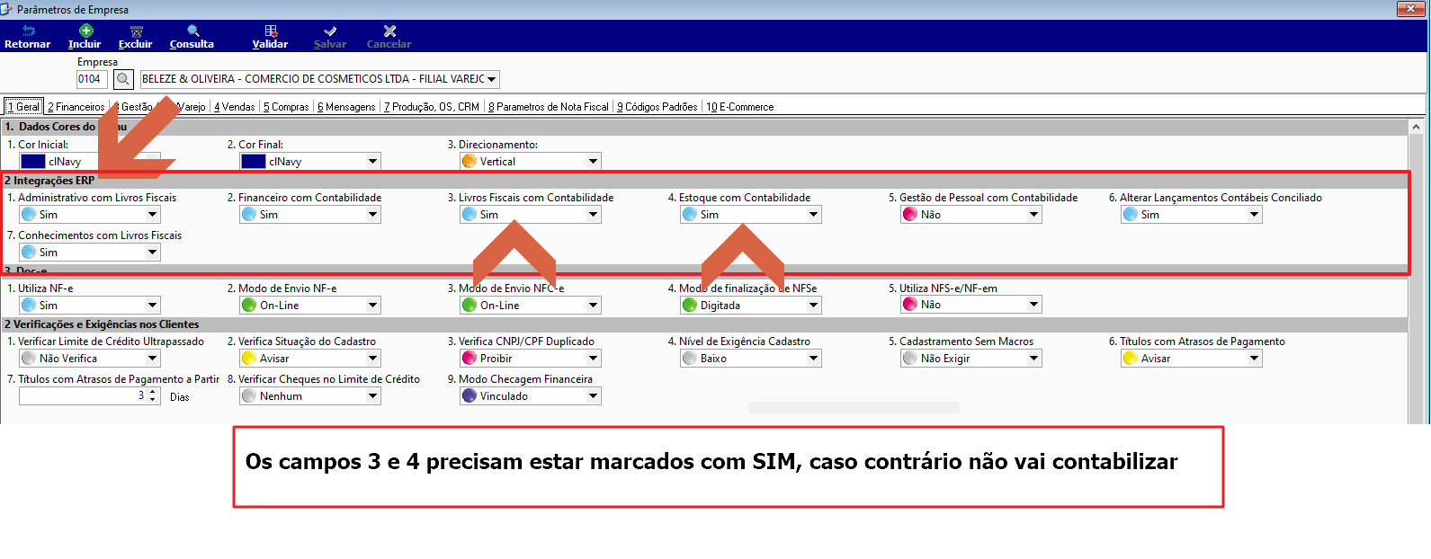 Tela Parâmetros de Empresa com campos 3 (Livros Fiscais com Contabilidade) e 4 (Estoque com Contabilidade) indicados e nota de aviso "Os campos 3 e 4 precisam estar marcados com SIM, caso contrário não vai contabilizar"