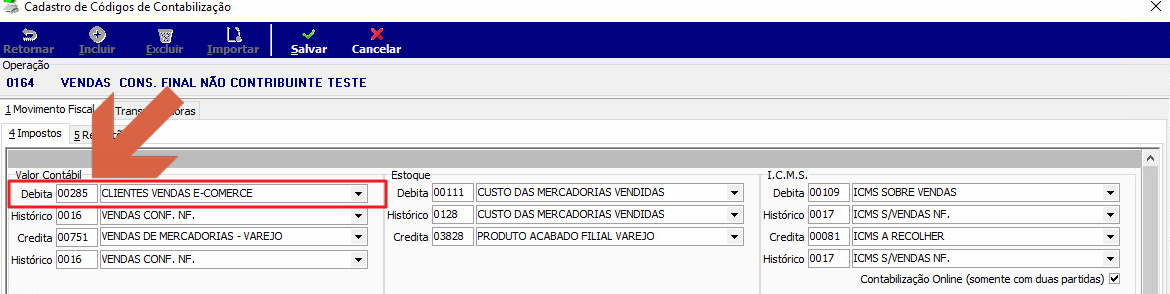 Tela Cadastro de Códigos de Contabilização operação 0164 com campo Valor Contábil Débita exibindo conta 00285 "CLIENTES VENDAS E-COMERCE"