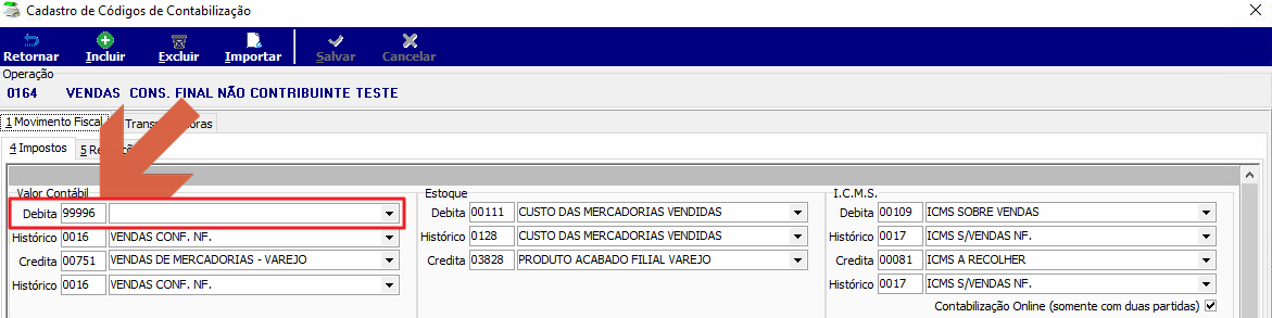 Tela Cadastro de Códigos de Contabilização operação 0164 com campo Valor Contábil Débita exibindo código 99996 (sem descrição de conta literal — macro)