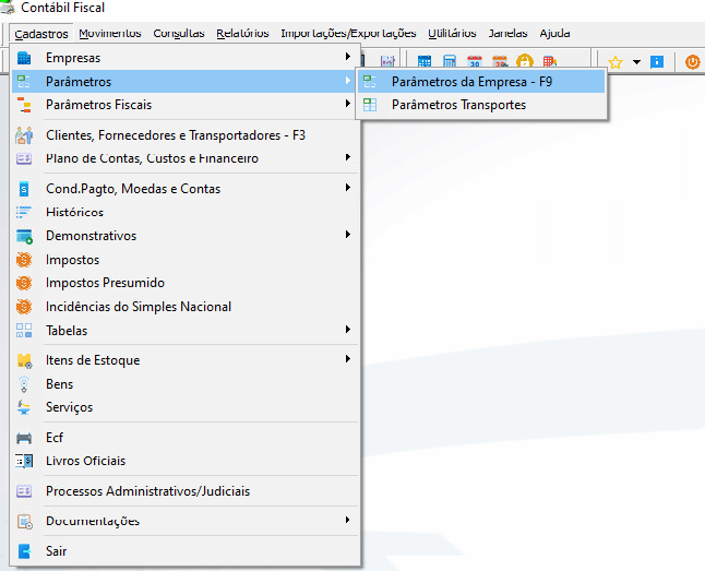 Menu Cadastros com submenu Parâmetros expandido e opção Parâmetros da Empresa – F9 destacada