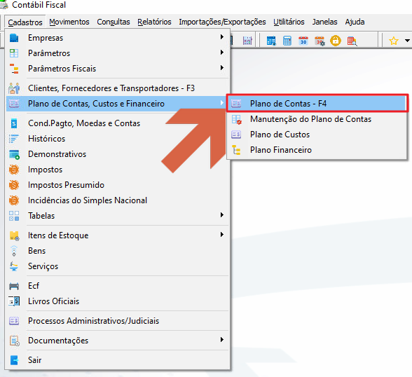 Menu Cadastros com submenu "Plano de Contas, Custos e Financeiro" expandido e opção "Plano de Contas – F4" destacada