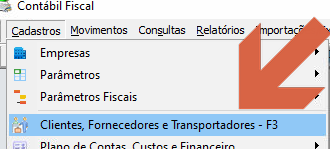 Menu Cadastros com opção "Clientes, Fornecedores e Transportadores – F3" destacada