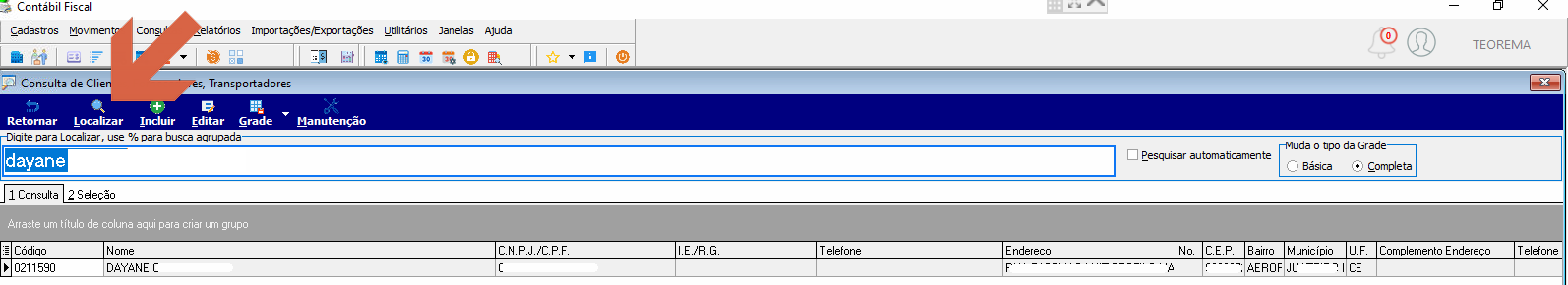 Tela Consulta de Clientes, Fornecedores, Transportadores com campo preenchido com "dayane" e resultado "0211590 – DAYANE C" listado