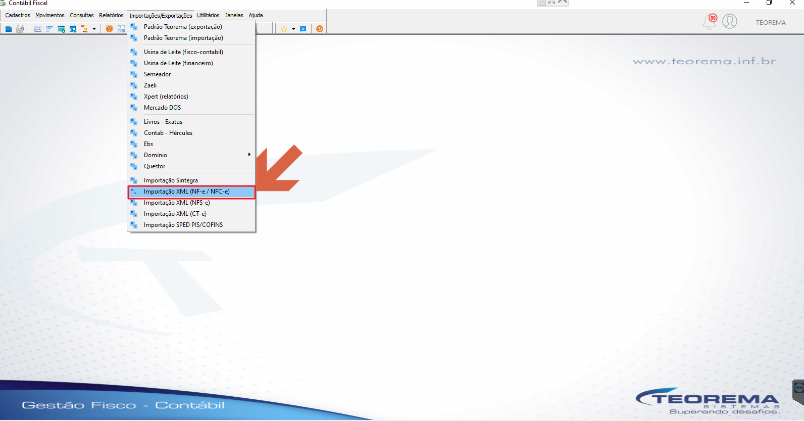 Menu Importações/Exportações com opção "Importação XML (NF-e / NFCe)" destacada