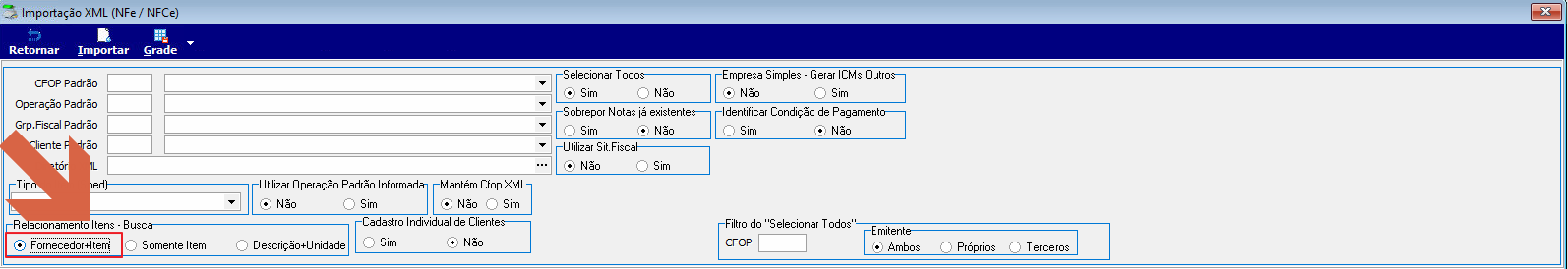 Tela Importação XML com opção "Fornecedor+Item" selecionada em "Relacionamento Itens – Busca"