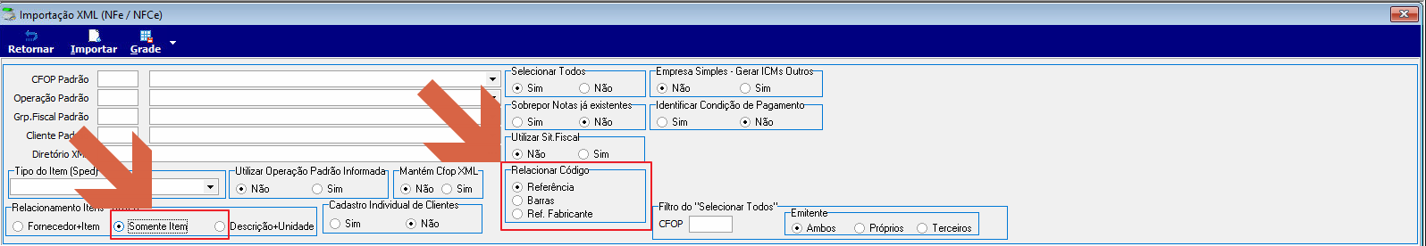 Tela Importação XML com opção "Somente Item" selecionada em "Relacionamento Itens – Busca" e seção "Relacionar Código" exibindo opções: Referência (selecionada), Barras, Ref. Fabricante