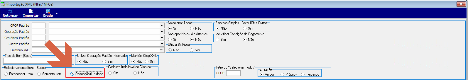 Tela Importação XML com opção "Descrição+Unidade" selecionada em "Relacionamento Itens – Busca"