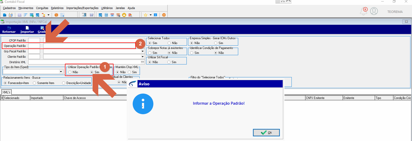 Tela Importação XML com "Utilizar Operação Padrão Informada" definido como "Sim", campo Operação Padrão em destaque e caixa de aviso "Informar a Operação Padrão!" com botão OK