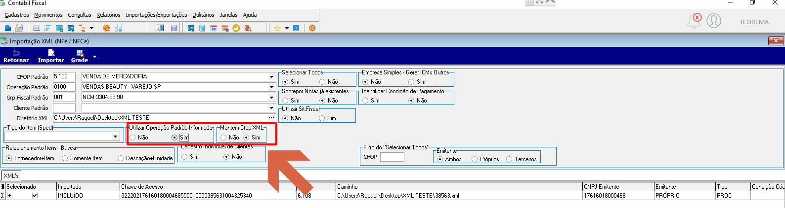 Tela Importação XML com "Utilizar Operação Padrão Informada" = Sim e "Mantém Cfop XML" = Sim destacados; Operação Padrão 0100 "VENDAS BEAUTY – VAREJO SP" e demais campos preenchidos