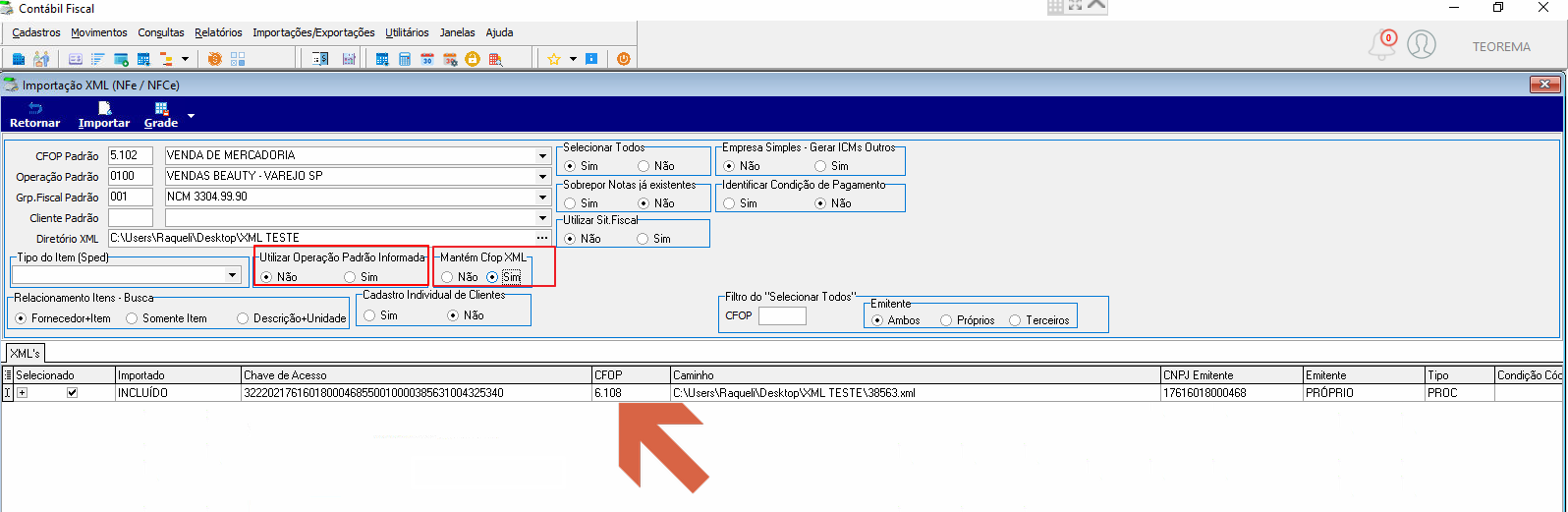 Tela Importação XML com "Utilizar Operação Padrão Informada" = Não e "Mantém Cfop XML" = Sim destacados