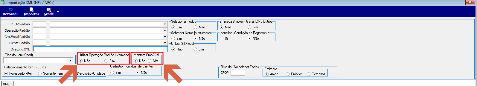 Tela Importação XML com "Utilizar Operação Padrão Informada" = Não e "Mantém Cfop XML" = Não destacados