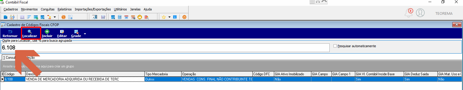 Tela Cadastro de Códigos Fiscais CFOP com código "6.108" no campo de busca, registro "VENDA DE MERCADORIA ADQUIRIDA OU RECEBIDA DE TERC" listado com coluna Operação mostrando "VENDAS CONS. FINAL NÃO CONTRIBUINTE TE"