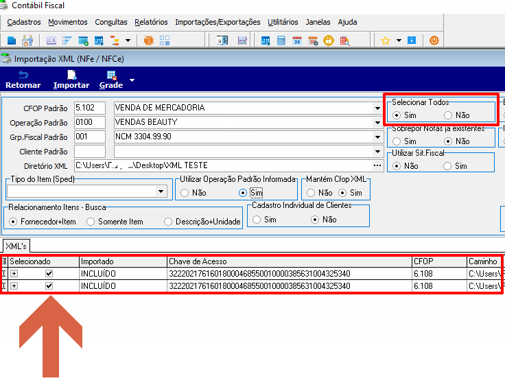 Tela Importação XML com seção "Selecionar Todos" destacada (opção Sim selecionada); grade XML exibindo dois registros INCLUÍDO com chaves de acesso distintas, ambos com CFOP 6.108