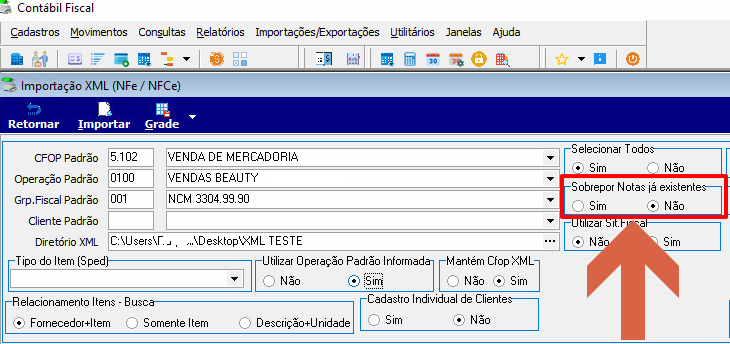 Tela Importação XML com seção "Sobrepor Notas já existentes" destacada com opção Não selecionada