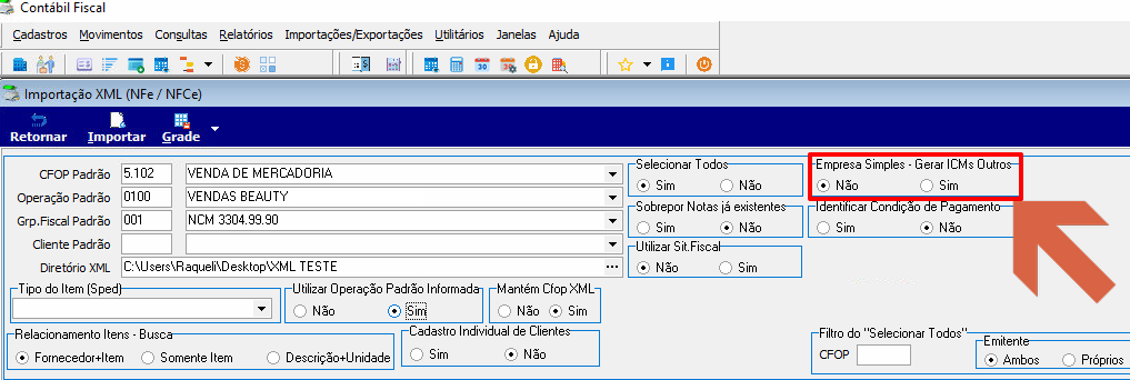 Tela Importação XML com seção "Empresa Simples – Gerar ICMs Outros" destacada com opção Não selecionada