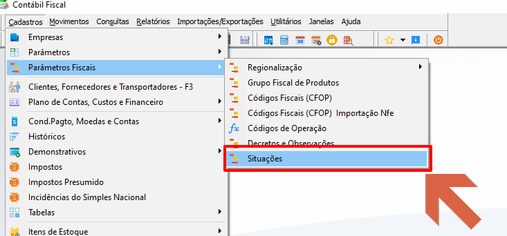 Menu Cadastros com Parâmetros Fiscais expandido e opção "Situações" destacada