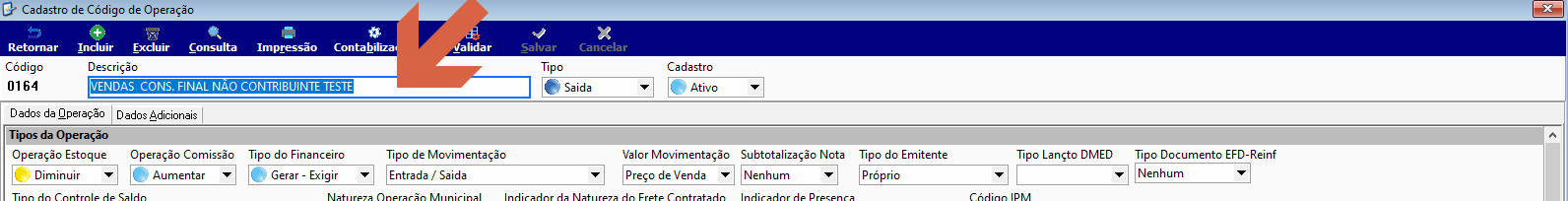 Tela Cadastro de Código de Operação código 0164 exibindo os primeiros campos: Descrição "VENDAS CONS. FINAL NÃO CONTRIBUINTE TESTE", Tipo "Saída", Cadastro "Ativo"