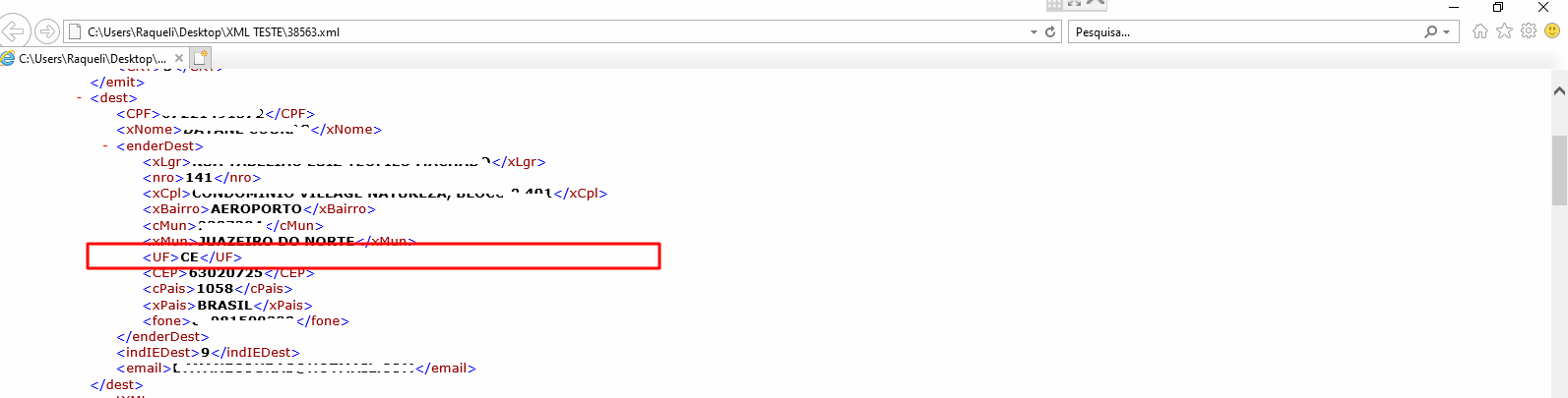 Arquivo XML mostrando seção enderDest com tags xLgr, nro, xCpl, xBairro "AEROPORTO", cMun, xMun "JUAZEIRO DO NORTE" e UF "CE" destacada em caixa vermelha