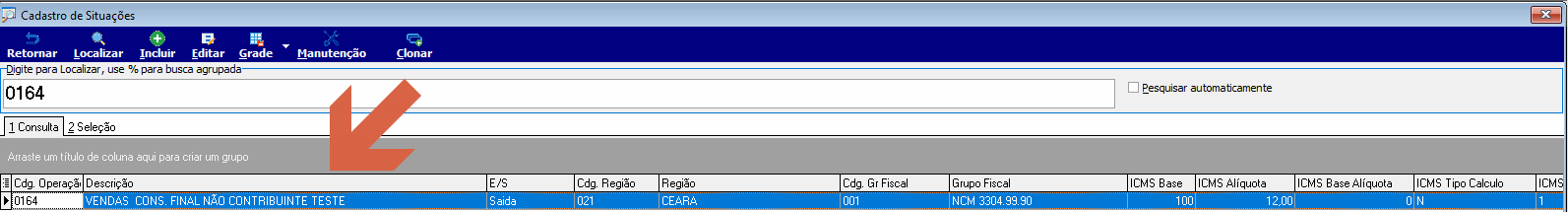 Tela Cadastro de Situações com campo de busca "0164" e resultado: código operação 0164, E/S Saída, Cdg.Região 021 "CEARA", Cdg.Gr.Fiscal 001 "NCM 3304.99.90", ICMS Base 100, ICMS Alíquota 12,00