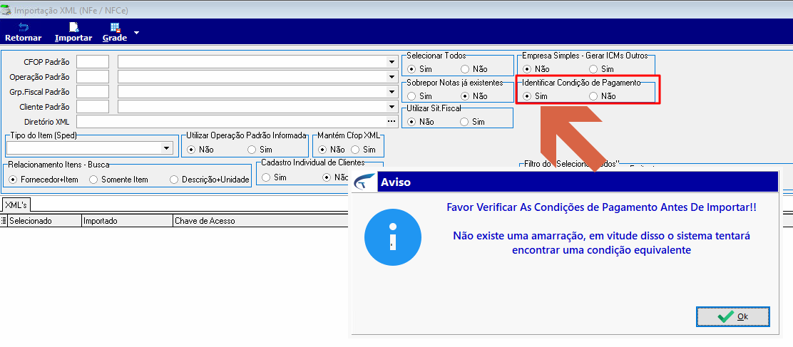 Tela Importação XML com seção "Identificar Condição de Pagamento" definida como Sim e caixa de aviso "Favor Verificar As Condições de Pagamento Antes De Importar!! Não existe uma amarração, em vitude disso o sistema tentará encontrar uma condição equivalente" com botão Ok