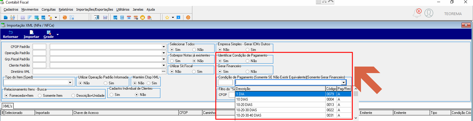 Tela Importação XML com "Identificar Condição de Pagamento" = Sim, "Gerar Financeiro" = Sim e campo "Condição de Pagamento" com lista suspensa aberta exibindo: 1 DIA (código 0079), 10 DIAS (0004), 10-20 DIAS (0013), 10-20-30 DIAS (0022), 10-20-30-40 DIAS (0031)