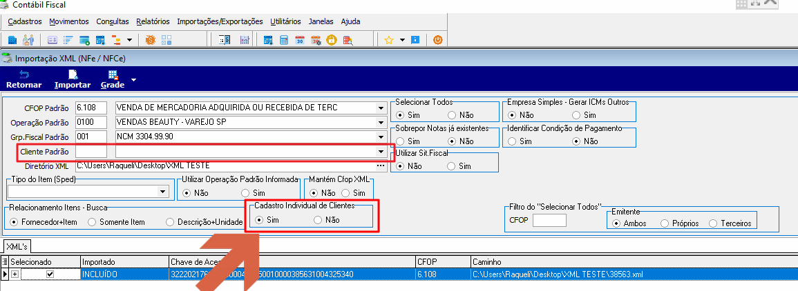 Tela Importação XML com seção "Cadastro Individual de Clientes" definida como Sim, campo Cliente Padrão vazio, XML INCLUÍDO listado com CFOP 6.108