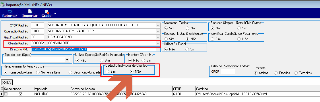 Tela Importação XML com "Cadastro Individual de Clientes" = Não e campo "Cliente Padrão" preenchido com código 0000002 "CONSUMIDOR"