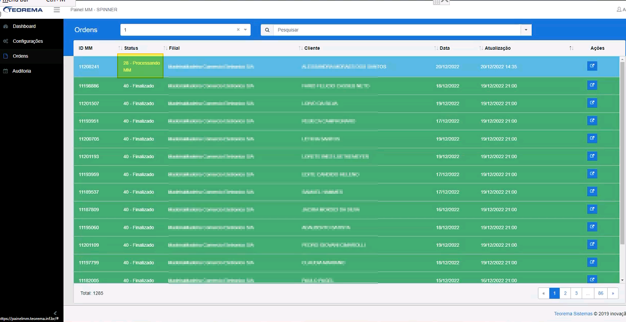 Painel MM — lista de ordens com a primeira linha exibindo status "28 - Processando MM" para a ordem 11208241