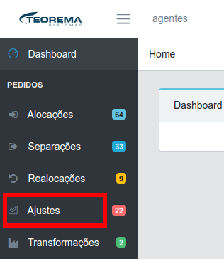 Menu lateral do WMS com a seção Pedidos exibindo Alocações, Separações, Realocações, Transformações e a opção Ajustes destacada em vermelho