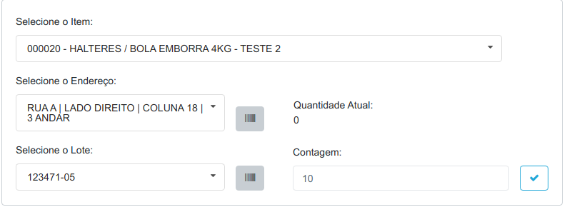Formulário de lançamento preenchido com o item 000020, o endereço Rua A, Lado Direito, Coluna 18, 3 Andar, o lote 123471-05, a Quantidade Atual 0 e a Contagem 10