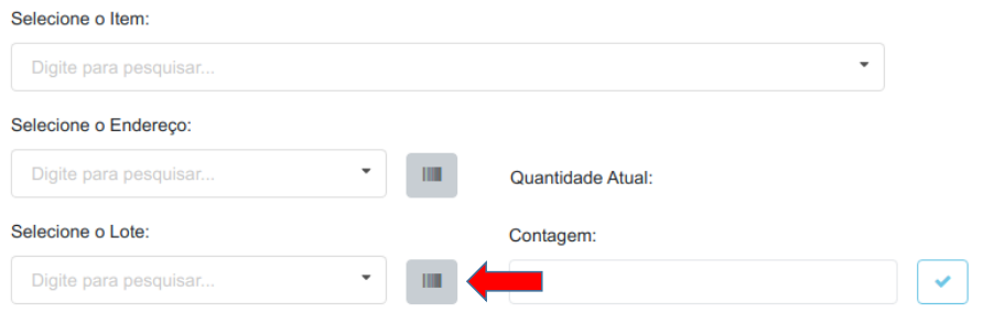 Formulário de lançamento vazio com seta indicando o botão de leitura de código de barras ao lado do campo Selecione o Lote
