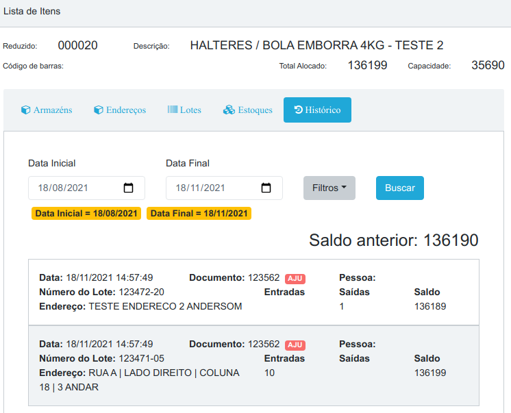 Aba Histórico da Lista de Itens exibindo movimentos de ajuste (badge AJU) do item 000020, com lote, endereço, entradas, saídas e saldo, além de filtros por data inicial e final