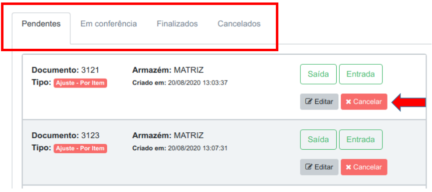 Lista de ajustes com as quatro abas destacadas em vermelho (Pendentes, Em conferência, Finalizados e Cancelados), botões Saída e Entrada em cada pedido e seta indicando o botão Cancelar