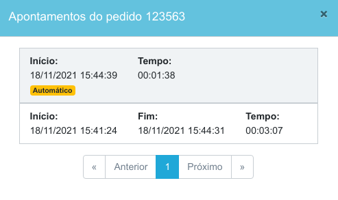 Modal Apontamentos do pedido 123563 listando dois registros com início, fim e tempo decorrido, sendo um deles com a marcação Automático