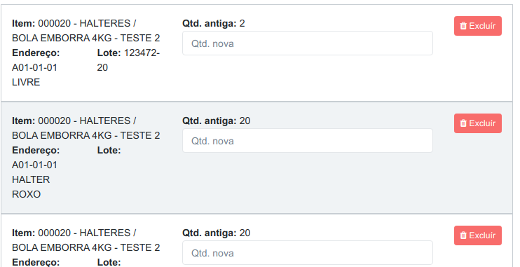 Lista de lançamentos gerada automaticamente com os estoques do armazém, exibindo item, endereço, lote, Qtd. antiga e o campo Qtd. nova vazio, com botão Excluir em cada linha