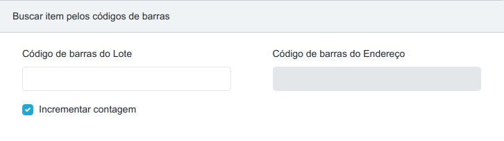 Card Buscar item pelos códigos de barras com os campos Código de barras do Lote e Código de barras do Endereço e o checkbox Incrementar contagem marcado