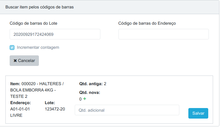 Card de busca com o código de barras do lote preenchido e o estoque encontrado exibido abaixo, com Qtd. antiga 2, campo Qtd. adicional e botão Salvar