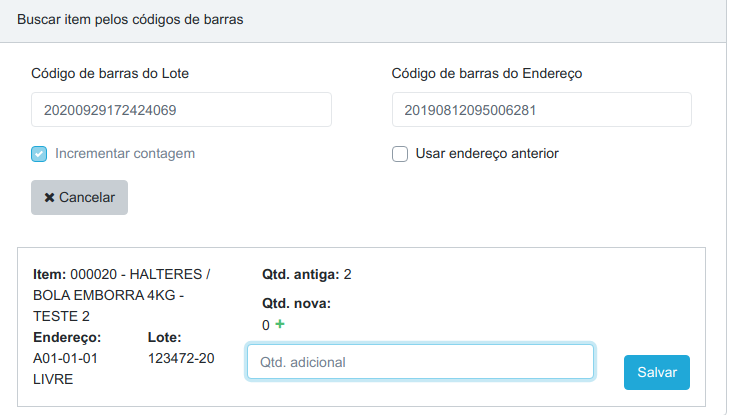 Card de busca com os códigos de barras do lote e do endereço preenchidos, o checkbox Usar endereço anterior visível e o estoque encontrado abaixo