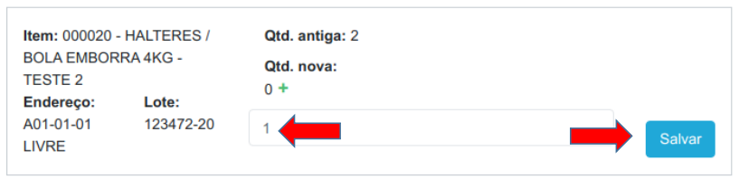 Estoque encontrado com setas indicando o campo de quantidade adicional preenchido com 1 e o botão Salvar